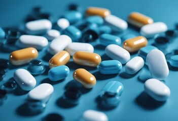 Blue-white antibiotic capsule pills and pill blister pack on blue background Online pharmacy banner - obrazy, fototapety, plakaty