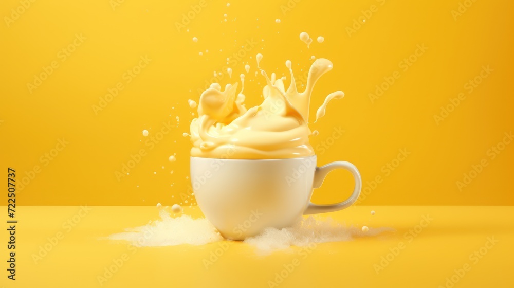 Wall mural  a cup of coffee with milk splashing out of it on a yellow background with a splash of milk coming out of the cup.