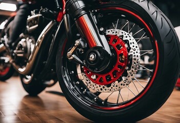 Closeup of new motorbike rear wheel Big bike parked in showroom of dealership Motorcycle exhaust pi