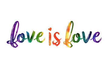 Vector illustration of a "Love is Love" logo in rainbow LGBTQ flag colors, isolated on a white background. Represents LGBTQ gay pride month and history month.