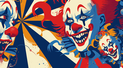 Colorful clown circus graphic banner illustration, evil clown scary