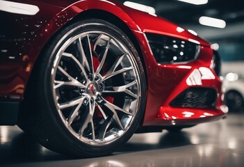 Luxury car parked in modern showroom Auto leasing business Car dealership concept Closeup wheel of r