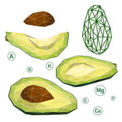 Avocado icons set. Bright green whole fruit or vegetables, half, slices, with a large seed. Food for a healthy diet. Low poly style