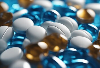 Selective focus on blue-white capsule pills in blister pack Pharmaceutical industry Drug package Pha - obrazy, fototapety, plakaty