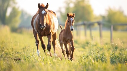  a couple of brown horses standing on top of a lush green field next to a baby horse on top of a lush green field.
