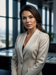Mujer de negocios , ejecutiva latinoamericana con traje de chaqueta en la oficina