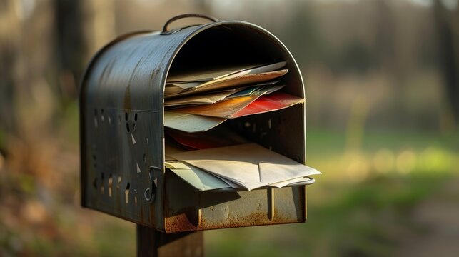 An perspective view of an open old school retro tin mailbox bulging with a pile of letters on an isolated background