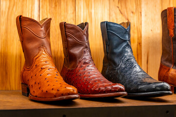 Traditional american leather ostrich boots west culture - obrazy, fototapety, plakaty