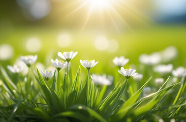 Green grass and white little flowers on field. Sunny blurred background.