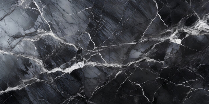 Wide surface of black marble abstract stone texture with gray veins dark-gray tone. For wallpaper, banner, background design