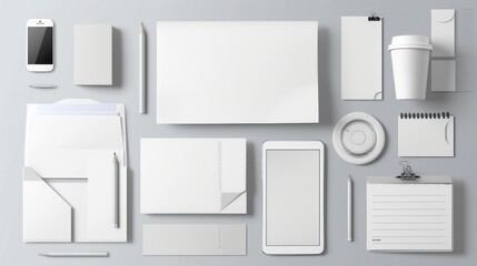 Blank corporate identity set / Stationery / Branding. Consist of letterhead, folder, book, note, phone, tablet pc, business cards, cup, pen, pencil, cd, buttons, envelope, tubus