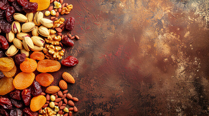 Dried fruits and nuts, healthy food concept graphic banner with copyspace