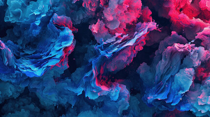  a mixture of blue, red, and pink paint is mixed together to form an abstract pattern on a black background. - obrazy, fototapety, plakaty
