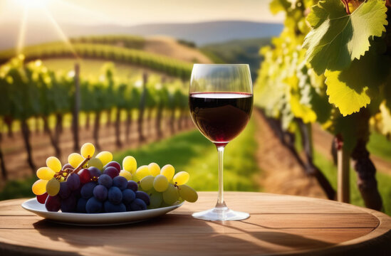 a glass of red wine and a plate of grapes on the table, against the backdrop of vineyard fields.	