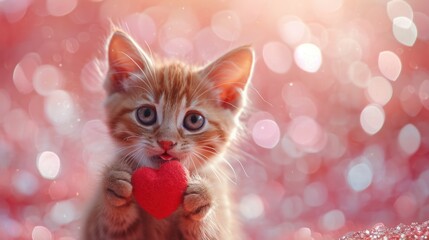 Adorable Kitten Holding a Red Heart