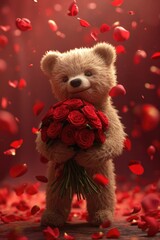 Teddy Bear Romance with Red Roses