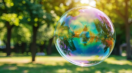 Soap bubble flying in the air in public park wallpaper background