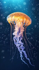 Fototapeta premium a close up of a jellyfish in a body of water with bubbles on the water and a blue sky background.