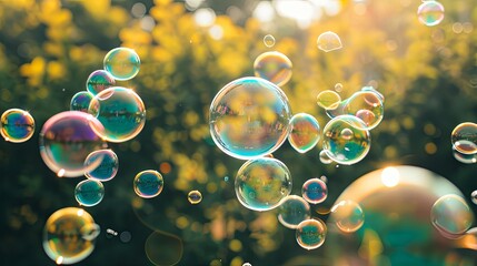 Soap bubble flying in the air in public park wallpaper background - obrazy, fototapety, plakaty