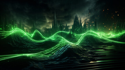 Abstract 3D background of green neon lines sliding down. Modern wallpaper.