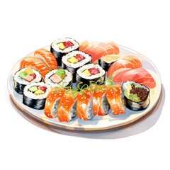 Watercolor-Style sushi on a plate Illustration with White Background
