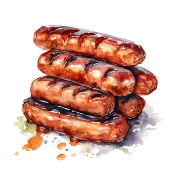 Watercolor-Style tasty grilled sausages with White Background.