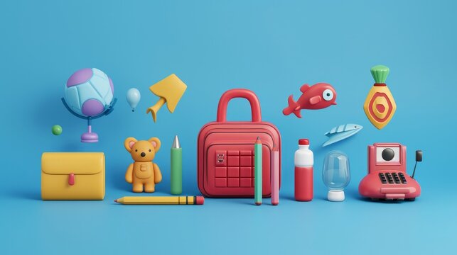 Collection of 3d back to school icon isolated on blue, Education and online class concept