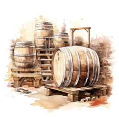 Naklejka premium Watercolor-Style wine casks at the winery with White Background