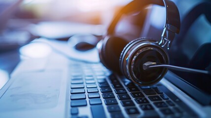 Communication support, call center and customer service help desk. VOIP headset on laptop computer keyboard