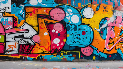 A dynamic and captivating graffiti wall showcasing an explosion of colors and designs in a bustling urban landscape. Unleash creative inspiration and embrace the street art vibe!