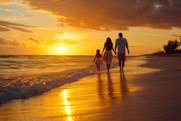 Fototapeta na wymiar Serene Family Time: Walk on the Beach at Sunset