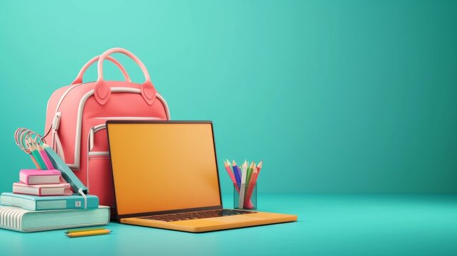 Different elements for study. 3d realistic laptop, backpack with books and pencils. Kit for education concept. Colorful vector illustration with place for text