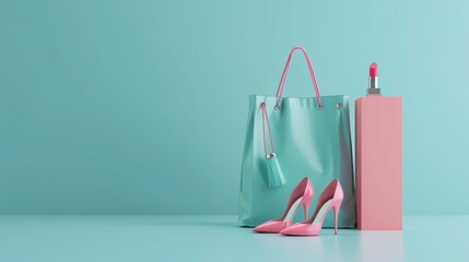 Fashion accessories bag, high heels, lipstick in bag shopping on pastel blue background. 3d rendering