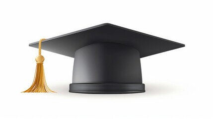Graduate college, high school or university cap isolated on white background. Vector 3d degree ceremony hat with golden tassel. Black educational student cap icon