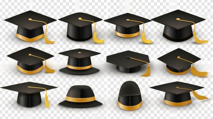 Graduate college, high school or university cap set isolated on transparent background. Vector gold and black 3d degree ceremony hats. Golden educational student symbols