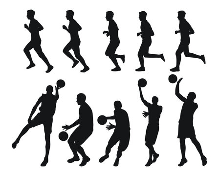 Vector set of male basketball players silhouettes, athletes runners. Basketball, athletics, running, cross, sprinting, jogging, walking
