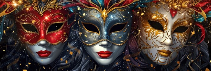 Detailed Close-Up of Vibrant Carnival Masks