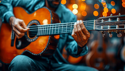 Obraz premium Musician plays guitar, people concept, May, generative ai