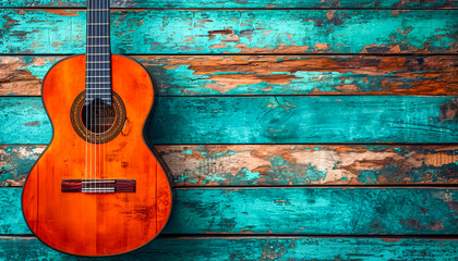 Obraz premium Guitar isolated on colorful background, May, Hobbies and leisure concept, generative ai