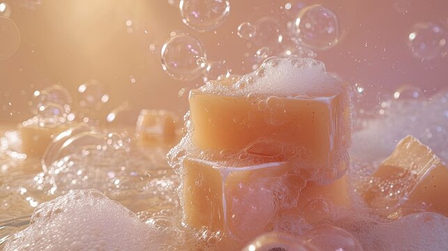 Piece of soap with foam bubble wallpaper background