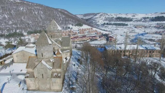 Kecharis Monastery and Ripa Sanatorium among mountains 
