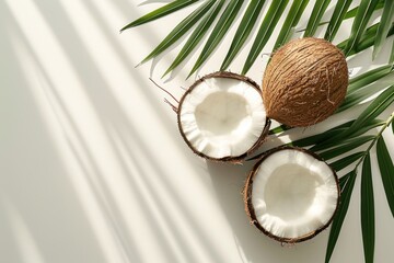 Fototapeta na wymiar Fresh Coconut on Palm Leaves