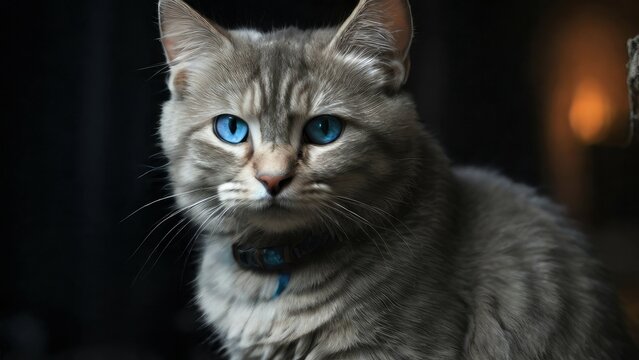 shot of a grey cat with blue eyes in the dark