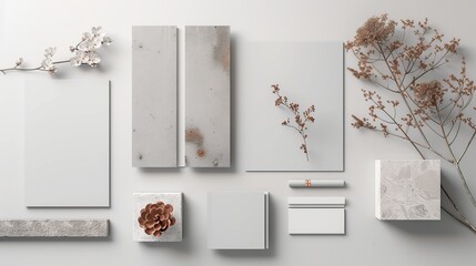 Real photo, stationery branding mockup template to place your design, isolated on light grey background, with concrete, copper, granite and floral elements