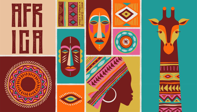 Africa patterned design. African background, banner with tribal traditional grunge pattern, elements, concept illustration. Masks, patterns, African symbols and colors