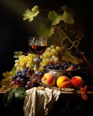 Still life with grapes, peaches and grapes. Generative AI.