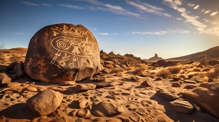 Ancient petroglyphs etched into desert rocks, telling the stories of civilizations long past in a remote landscape