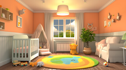 Bring joy and whimsy to the nursery with this playful cartoon-style room. Vibrant colors, cute characters, and delightful patterns create a cheerful ambiance. Let imagination run wild!