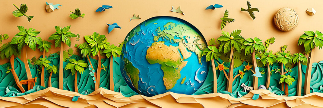 Image of earth-like sphere with nature and animals background made of paper