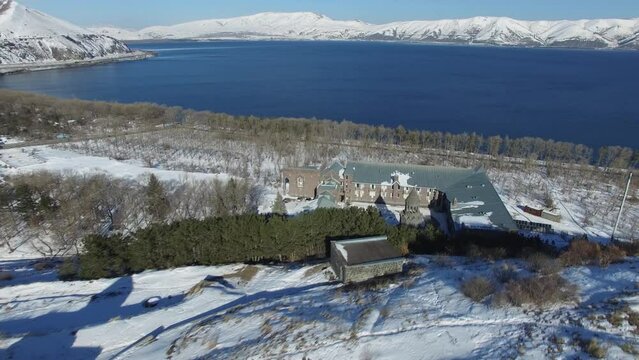 Sevanavank monastic complex on hill and Vaskenian Theological Academy